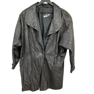 Vintage Winlit Black Genuine Leather Embossed Squiggle Pattern Jacket Small 80s